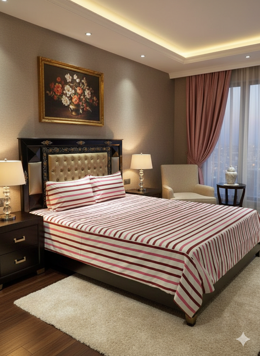 Rose Stripe Classic – Premium Double Bedsheet Set (Pure Cotton)
With 2 Matching Pillow Covers