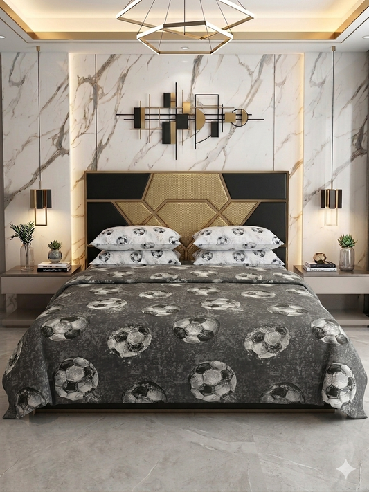 Elaftex Football charcoal Cotton Printed Double Bedsheets