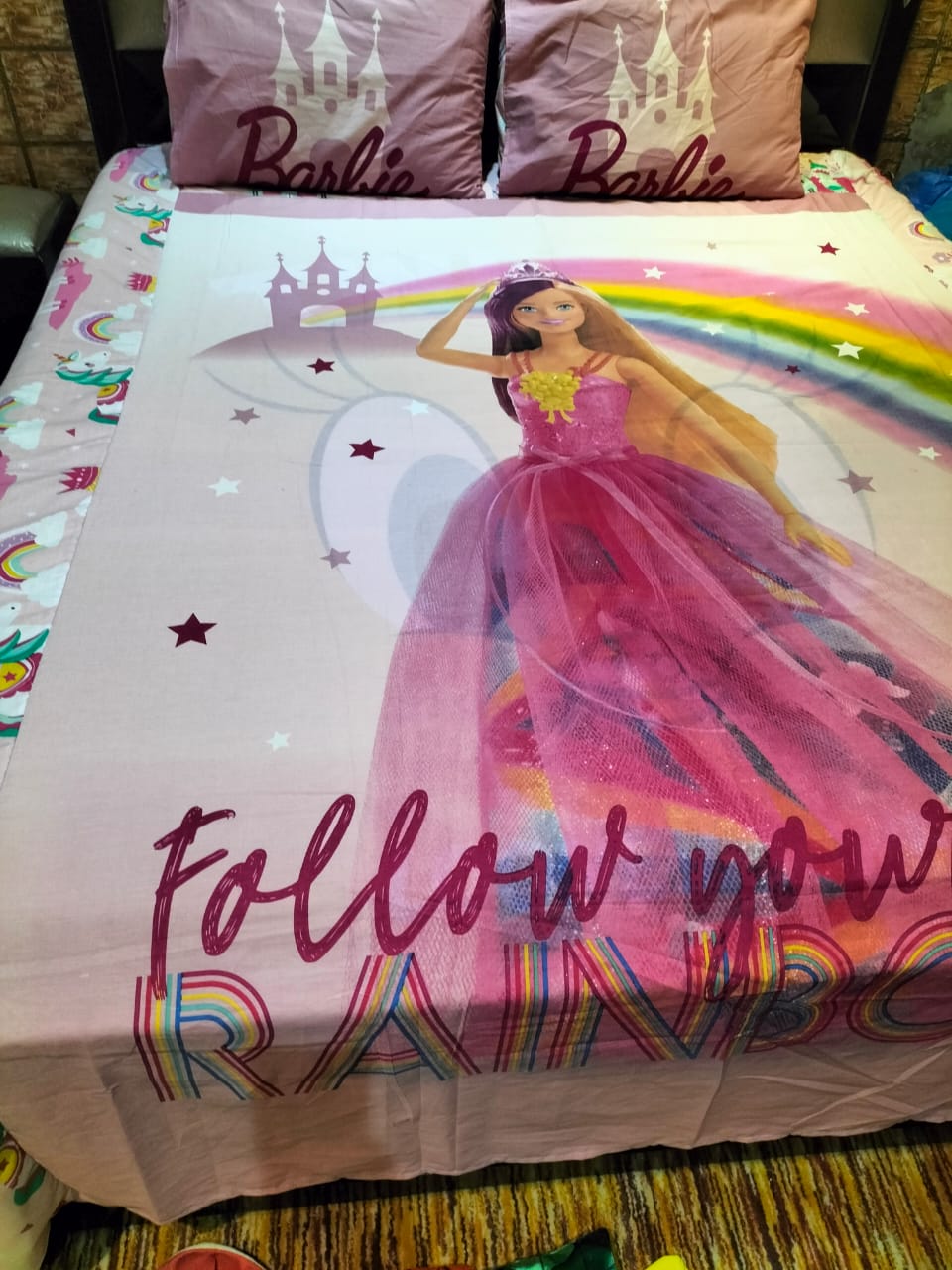 Follow Now Rainbow Barbie Double Bedsheet