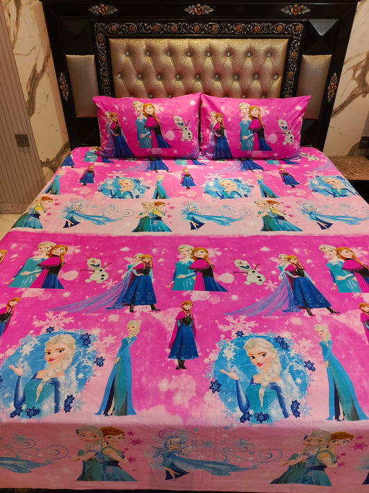 Anna Elsa Pink Full Theme Cotton Double Bedsheets