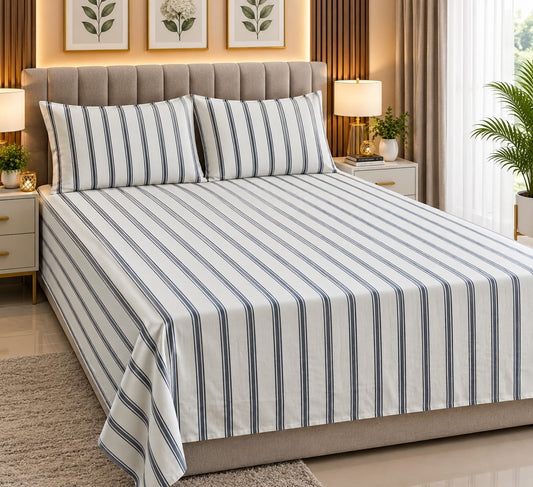 Navy Pinstripe Classic Parcale Cotton Double Bedsheets