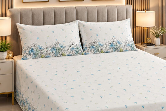 Blue Blossom Meadow Cotton Double Bedsheets