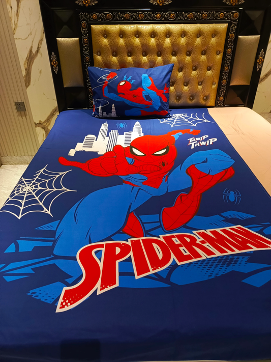Blue and red Spider-Man single bedsheet with one matching pillow cover