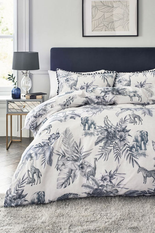 Navy Blue Floral Palm Leaf Safari Animal Cotton Bedsheets